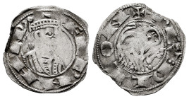 Kingdom of Castille and Leon. Fernando II (1157-1188). Dinero. Oviedo. (Bautista-184 var.). (Imperatrix-F2:2.1(50)). Anv.: + FERNAND. Bust of the King...