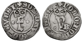 Catholic Kings (1474-1504). 1/4 real. Burgos. (Cal-154). (Lf-A1.1.2 var.). Anv.: QOS : DEVS : CONEVNG. F crowned, B to right. (the Q is inverted lette...
