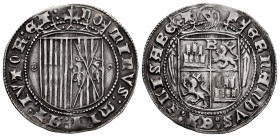 Catholic Kings (1474-1504). 1 real. Burgos. (Cal-295). Anv.: FERNANDVS : ET : ELISABET. Rev.: DOMINUS：MHI (sic)：AT：IVTOR：ET. Ag. 3,33 g. Before the Pr...