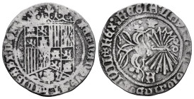 Catholic Kings (1474-1504). 1 real. Coruña. A. (Cal-329). (Lf-F2.1.7). Ag. 3,22 g. Shield between roundels. Scallop and large gothic A on the sides of...