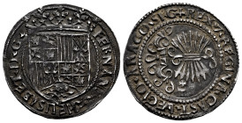 Catholic Kings (1474-1504). 1 real. Toledo. (Cal-462). Ag. 3,34 g. With T surmounted by cross on reverse. Round flan. Beautiful dark patina. Scarce in...