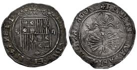 Catholic Kings (1474-1504). 2 reales. Sevilla. (Cal-516, Plate coin). Anv.: FERNANDVS· ET· ELISABET· D·. Rev.: +REX· ET REGINA· CAST· LEGION· ARAGON· ...