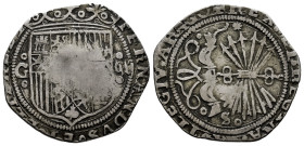 Catholic Kings (1474-1504). 2 reales. Granada-Sevilla. (Cal-Unlisted). (Lf-Unlisted). Ag. 6,51 g. Hybrid coin with G delimited by roundels on obverse ...