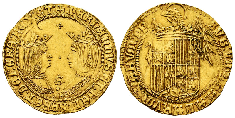 Catholic Kings (1474-1504). Double excelente. Sevilla. (Cal-732). Anv.: + FERNAN...