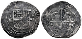 Philip II (1556-1598). 8 reales. ND. Segovia. I. (Cal-677). (Jarabo-Sanahuja-A-235, plate coin). Ag. 26,75 g. Arms between assayer I/aqueduct and valu...