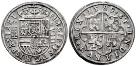 Philip II (1556-1598). 8 reales. 1589. Segovia. (Cal-702). (Jarabo-Sanahuja-A-440, plate coin). Ag. 25,53 g. Aqueduct with 4 arches and 2 floors. Some...