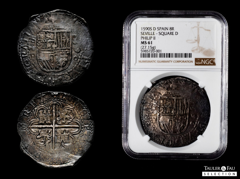 Philip II (1556-1598). 8 reales. 1590. Sevilla. (Cal-728). Ag. 27,17 g. Vertical...
