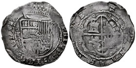 Philip II (1556-1598). 8 reales. ND. Toledo. M. (Cal-748). (Jarabo-Sanahuja-A810). Ag. 27,38 g. Roeles in the corners of the reverse border. Scarce. C...