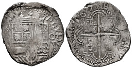 Philip III (1598-1621). 8 reales. 1617. Potosi. (M). (Cal-921 var). Ag. 27,06 g. Legend PHYLY... Star at the beginning of the reverse legend. Very rar...