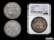 Philip III (1598-1621). 8 reales. 1618. Segovia. A. (Cal-159). (Jarabo-Sanahuja-B-277). Ag. 27,72 g. Aqueduct with two rows of five arches. Five fleur...