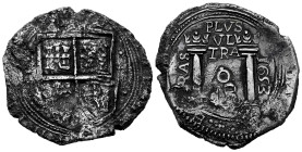 Philip IV (1621-1665). 8 reales. 1653. Santa Fe de Nuevo Reino. PºRAS. (Cal-1553). (Restrepo-M46-15). Ag. 22,88 g. Salt Water Damage. Rare issue. Dark...