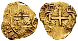 Charles II (1665-1700). 2 escudos. 17.... Santa Fe de Nuevo Reino. (Cal-Type 151). (Tauler-218 similar). (Restrepo-M66-40). Au. 6,73 g. Lions and cast...