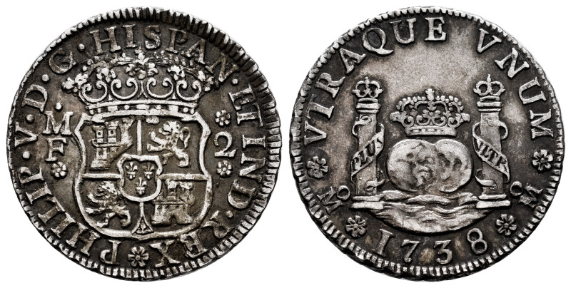 Philip V (1700-1746). 2 reales. 1738. Mexico. MF. (Cal-820). Ag. 7,24 g. Toned. ...