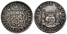 Philip V (1700-1746). 2 reales. 1738. Mexico. MF. (Cal-820). Ag. 7,24 g. Toned. A good sample. Almost XF. Est...250,00. 

Spanish Description: Felip...