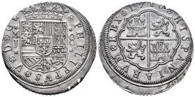 Philip V (1700-1746). 8 reales. 1710. Madrid. J. (Cal-1337). (Jarabo-Sanahuja-I-10). Ag. 23,01 g. Mintmark on assayer to the left of the shield and Ar...