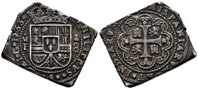 Philip V (1700-1746). 8 reales. 1733. Mexico. MF. (Cal-1431). Ag. 26,93 g. Klippe type. Mintmark on the right. King´s name visible. Beautiful old cabi...