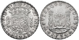 Philip V (1700-1746). 8 reales. 1734. Mexico. MF. (Cal-1442). Ag. 26,89 g. Slightly cleaned. Scarce. Almost XF. Est...600,00. 

Spanish Description:...