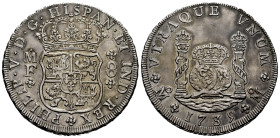 Philip V (1700-1746). 8 reales. 1735. Mexico. MF. (Cal-1443). Ag. 26,99 g. Sharply struck. Slightly cleaned. Very scarce in this grade. XF. Est...900,...