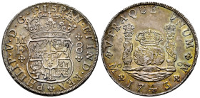 Philip V (1700-1746). 8 reales. 1743/2. Mexico. MF. (Cal-1462). Ag. 26,93 g. Patina. Iridescent tone. Attractive. Scarce in this condition. XF. Est......