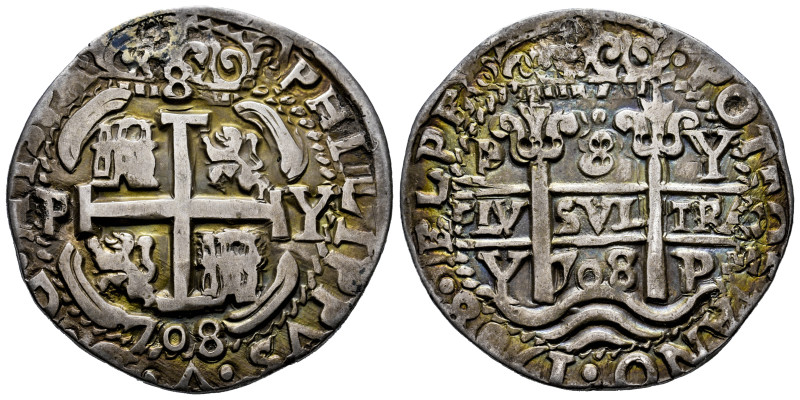 Philip V (1700-1746). 8 reales. 1708. Potosi. Y. (Cal-1480). (Lazaro-249, R3). A...