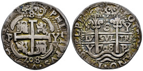 Philip V (1700-1746). 8 reales. 1708. Potosi. Y. (Cal-1480). (Lazaro-249, R3). Ag. 27,11 g. Royal type (galano). Plugged hole. Soft patina and sligthl...