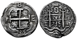 Philip V (1700-1746). 8 reales. 1735. Potosi. E. (Cal-1503). (Lazaro-284, R2). Ag. 27,66 g. Royal type (galano). Welding residues expertly repaired, o...