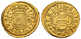 Philip V (1700-1746). 2 escudos. 1712/1. Sevilla. M-2/2-S. (Cal-1974). Au. 6,72 g. "Cross" type. Rare overdate. Mintmark, value and assayer on obverse...
