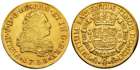 Philip V (1700-1746). 8 escudos. 1738. Mexico. MF. (Cal-2236). (Cal onza-434). Au. 26,98 g. With some original luster remaining. A good sample. Rare. ...