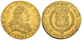 Philip V (1700-1746). 8 escudos. 1729. Sevilla. (Cal-2303). (Cal onza). Au. 27,03 g. Without value and assayer indication. Name of the king PHILP. Rar...