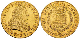 Philip V (1700-1746). 8 escudos. 1733. Sevilla. PA. (Cal-2308). (Cal onza-531, as "very rare"). Au. 26,99 g. Without value indication. It retains some...