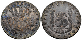 Ferdinand VI (1746-1759). 8 reales. 1759. Mexico. MM. (Cal-495). Ag. 27,01 g. Beautiful old cabinet tone with golden and bluish tones on the reverse. ...