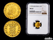 Ferdinand VI (1746-1759). 1/2 escudo. 1757. Madrid. JB. (Cal-561). Au. 1,74 g. Minor adjustment marks. Attractive. Slabbed by NGC as MS 62. Almost MS....
