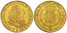 Ferdinand VI (1746-1759). 8 escudos. 1753. Lima. J. (Cal-766). (Cal onza-580). Au. 26,94 g. No crossbar of the A in the mint monogram. Dot above the t...