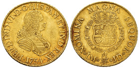 Ferdinand VI (1746-1759). 8 escudos. 1754. Lima. JD. (Cal-767). (Cal onza-581). Au. 27,00 g. Second bust. Without value indication. The only year with...