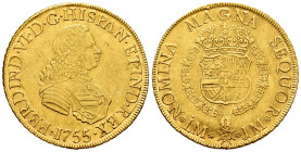 Ferdinand VI (1746-1759). 8 escudos. 1755. Lima. JM. (Cal-769). (Cal onza-582). Au. 26,92 g. Second bust. Dot above the mintmark. No value indication....