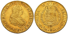 Ferdinand VI (1746-1759). 8 escudos. 1760. Lima. JM. (Cal-776). (Cal onza-591). Au. 27,04 g. Posthumous strike. Without value indication. Beautiful co...