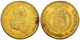 Ferdinand VI (1746-1759). 8 escudos. 1757. Santa Fe de Nuevo Reino. S. (Cal-814). (Cal onza-635). (Restrepo-24-4). Au. 26,96 g. Weak strike. Only the ...