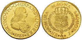 Ferdinand VI (1746-1759). 8 escudos. 1759. Santa Fe de Nuevo Reino. J. (Cal-818). (Cal onza-639). (Restrepo-24-12). Au. 26,95 g. Superficial scratches...