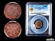 Charles III (1759-1788). 2 maravedis. 1772. Segovia. (Cal-28). Ae. Slabbed by PCGS as MS 63 RB. A superb specimen, Rare in this condition. PCGS-MS. Es...