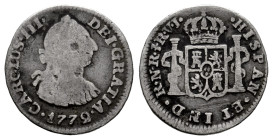 Charles III (1759-1788). 1/2 real. 1772. Santa Fe de Nuevo Reino. VJ. (Cal-269). (Restrepo-32-1). Ag. 1,56 g. Value 1/2. Very rare. F/Choice F. Est......