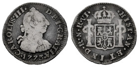 Charles III (1759-1788). 1/2 real. 1773. Santa Fe de Nuevo Reino. VJ. (Cal-270). (Restrepo-32-3). Ag. 1,25 g. No dot between assayers. Rare. Choice F....
