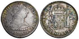 Charles III (1759-1788). 2 reales. 1777. Mexico. FM. (Cal-663). Ag. 6,73 g. Old cabinet patina with some bluish tones and Pátina de monetario con algu...