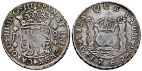 Charles III (1759-1788). 8 reales. 1767. Guatemala. P. (Cal-999). Ag. 26,83 g. Attractive tone. Minor adjustment marks. Rare. Choice VF/VF. Est...800,...