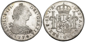 Charles III (1759-1788). 8 reales. 1774. Potosi. JR. (Cal-1170). Ag. 26,91 g. The "A" of "CAROLVS" rectified over other "A". Minimal surface hairlines...