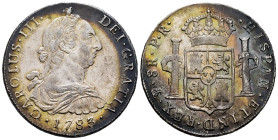Charles III (1759-1788). 8 reales. 1783. Potosi. PR. (Cal-1186). Ag. 27,01 g. Irregular patina. Iridescent patina. Original luster. Scarce in this gra...