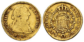 Charles III (1759-1788). 1 escudo. 1780. Potosi. PR. (Cal-1438). Au. 3,29 g. Hojita en anverso y reverso. Muy rara, no más de 5 ejemplares conocidos. ...