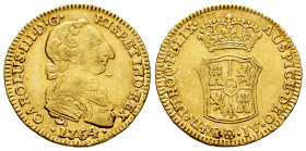 Charles III (1759-1788). 2 escudos. 1764. Santa Fe de Nuevo Reino. JV. (Cal-1675). (Restrepo-60-5). Au. 6,73 g. "Rat nose" type. Rare. Choice VF. Est....