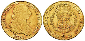 Charles III (1759-1788). 8 escudos. 1763. Lima. JM. (Cal-1916). (Cal onza-675). Au. 26,95 g. "Rat nose" first type. Small planchet flaws on obverse. L...