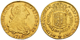 Charles III (1759-1788). 8 escudos. 1766. Lima. JM. (Cal-1919). (Cal onza-680). Au. 26,94 g. "Rat nose" first type. Minor nicks on edge. Very rare. Ch...
