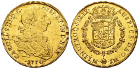 Charles III (1759-1788). 8 escudos. 1770. Lima. JM. (Cal-1925). (Cal onza-688). Au. 26,91 g. "Rat nose" type. Pellet above the anagram of the mintmark...